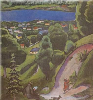 August Macke, Tegernsee Landscape with Man Reading and Dog Fine Art Reproduction Oil Painting