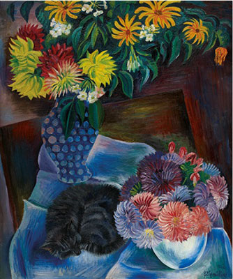 Herbstblumen mit Katze II Katze liegend