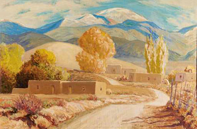 Adobe Village Scene with Mountains