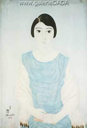 Tsuguharu Foujita, Portrait of a Young Girl in a Blue Dress Fine Art Reproduction Oil Painting